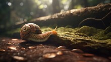  A Snail Crawling On A Tree Branch In A Forest With Lots Of Coins.  Generative Ai