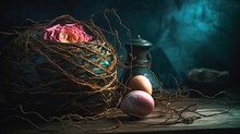  Two Eggs In A Basket With A Pink Rose In It.  Generative Ai