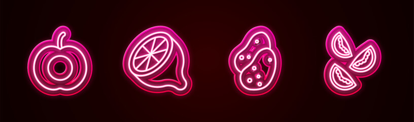 Poster - Set line Peach fruit, Lemon, Potato and Tomato. Glowing neon icon. Vector