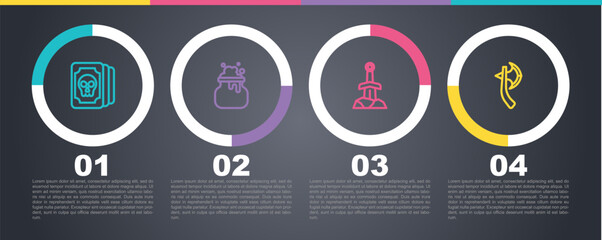 Poster - Set line Tarot cards, Witch cauldron, Sword in the stone and Wooden axe. Business infographic template. Vector