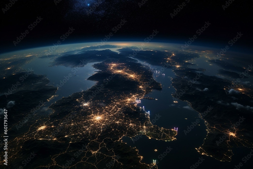 Highlighted South Korea on Earth in space with moon, Milky Way, city ...
