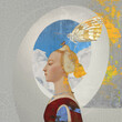 Woman at a tower window with a with butterfly on her head. , Mixed medium art illustrations of archtypal themes. 