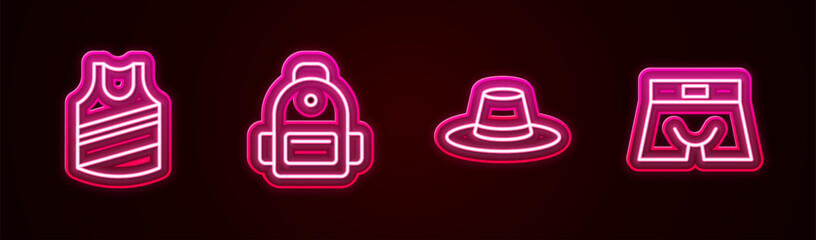 Poster - Set line Undershirt, School backpack, Man hat and Men underpants. Glowing neon icon. Vector