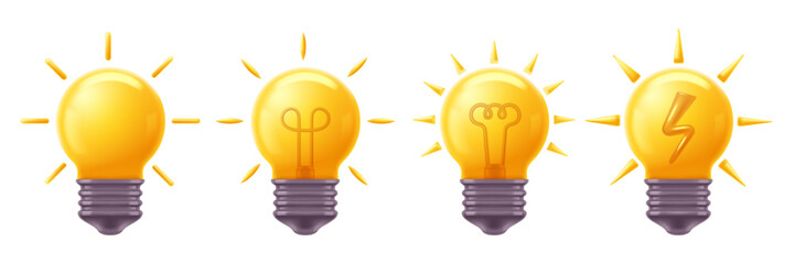 Wall Mural - Light bulb 3D icons. Shiny bright idea or innovative solution symbol, electric energy and yellow bulbs vector set