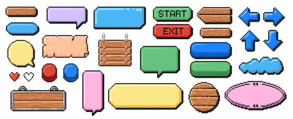 Pixel art frames. Retro 8 bit buttons, arrows, speech bubble messages and quote frame. Game UI vector template set