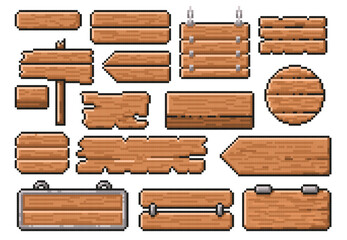Pixel art wooden signs. Old road guidepost pointer, 8 bit wood style banner and app interface frames vector template set