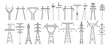 Electric pylon silhouette. High voltage electric line, power transmission pole types and energy network towers vector illustration set
