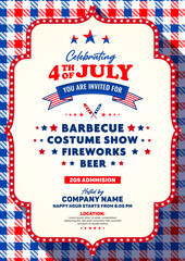 Wall Mural - 4th of July invitation, poster, banner, flyer, banner template with list of sample evening show lists. Decoration with usa star, pattern, firework, etc. Vector A4 design. 
