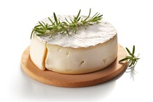 Fresh Wheel Of Brie Cheese Garnished With Rosemary, Representing Elegance In Gastronomy, Isolated On A White Background, Generative Ai