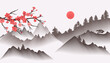 Chinese landscape painting. Oriental asian background with foggy mountains and sakura blossom branch vector illustration
