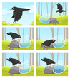 Thirsty crow. Tale of smart black crow and jug of water. Clever bird throws stones into jug to drink cartoon vector story illustration
