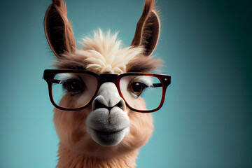 Portrait of a funny llama in glasses, generative ai illustration