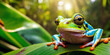 Tropical frog in jungle on a sunny day. Rainforest illustration with bright colorful amphibian among exotic plants with big leaves. Background with pristine nature landscape. Generative AI