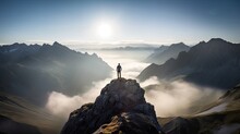 Hiker At The Summit Of A Mountain Overlooking A Stunning View. Apex Silhouette Cliffs And Valley Landscape