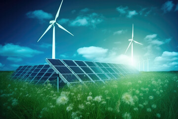 große Photovoltaik Anlagen auf dem Feld mit Windturbine im Hintergrund