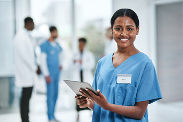 Poster - Medical, doctor face and woman with tablet in a clinic reading healthcare and wellness data at hospital. Employee, nurse and Indian person with digital and online results on technology with research