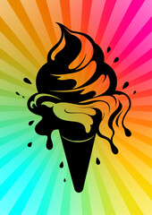 Wall Mural - Ice cream illustration on a colorful summer background with rays