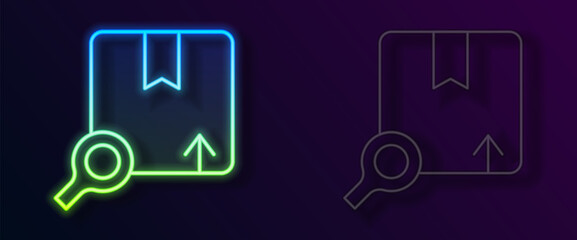 Poster - Glowing neon line Search package icon isolated on black background. Parcel tracking symbol. Magnifying glass and cardboard box. Logistic and delivery. Vector