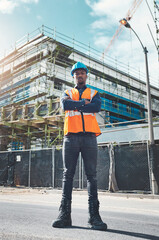 Canvas Print - Construction, engineer man and portrait at building project for development and architecture. Black male contractor serious about project management, engineering and inspection outdoor in city