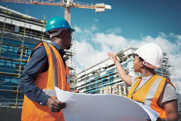 Poster - Blueprint, engineer or architect team talking outdoor about building project, construction or architecture. Black woman manager and man together for engineering, planning or safety discussion in city