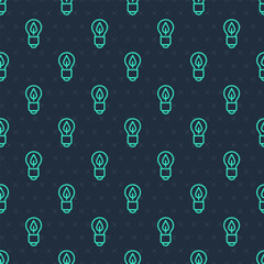 Poster - Green line Light bulb with leaf icon isolated seamless pattern on blue background. Eco energy concept. Alternative energy concept. Vector