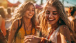 © annebel146 - Group of friends having great time on music festival in the summer,Two young woman drinking beer and having fun at Beach party together. Happy girlfriends, Summer holiday, hipster girls vacation