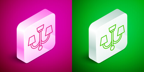 Poster - Isometric line Chandelier icon isolated on pink and green background. Silver square button. Vector