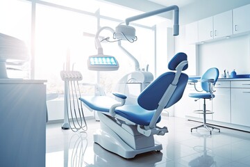 modern dental clinic, dentist chair and other accessories used by dentists in blue medical light. im