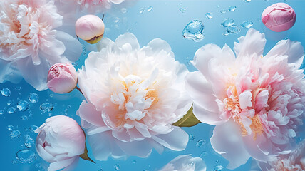 Wall Mural - beautiful flowers peonies floating on the water on a blue background. top view, flat lay. generative
