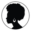 Round silhouette vector cameo of a black woman with an afro hairstyle and earrings