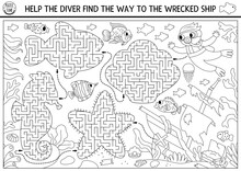 Under The Sea Black And White Maze For Kids Geometrical Sea Horse, Fish, Seashell. Ocean Line Preschool Printable Activity. Water Labyrinth Coloring Page. Help The Diver Find Way To Wrecked Ship.