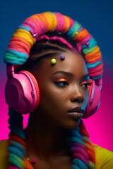 Wall Mural - Pretty young black woman wearing colorful headphones to listen to music for entertainment. generative ai