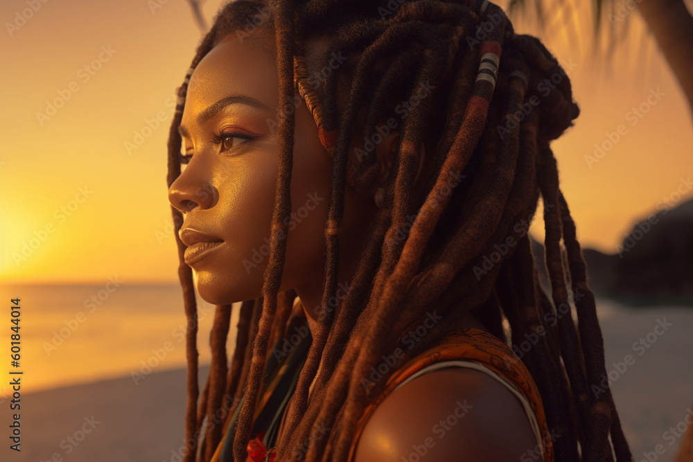 Beautiful African American woman with long black dreadlock hair outside ...