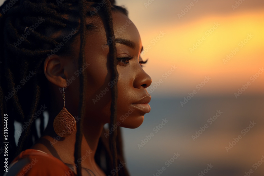 Beautiful African American woman with long black dreadlock hair outside ...