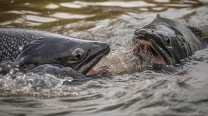 two salmon fish with the head out of the river water