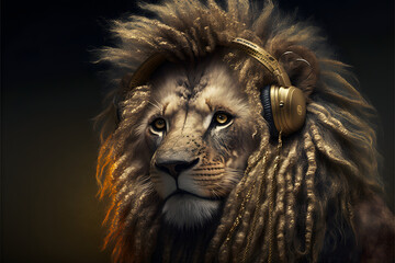 Wall Mural - THE LION WHO LIKES TO LISTEN TO MUSIC WITH HEADPHONES