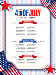 Wall Mural - 4th of July independence day A4 restaurant menu or food menu with usa waving flag, stars, and American pattern. Vector illustration. 
