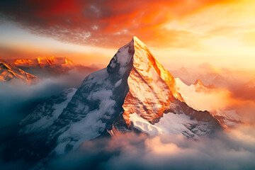 Canvas Print - Aerial view of a large peak in the fog at dawn