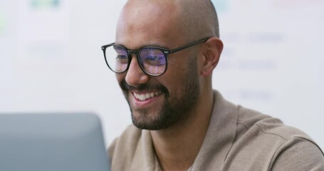 Laptop, programmer and glasses with man in office for coding, cyber security and cloud computing. Programming, code and nerd with male developer in digital agency for technology and it solution