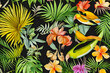 Abstract background of tropical leaves and colorful flowers in a modern style, jungle exotic print texture of natural elements on a black background, created by Generative AI