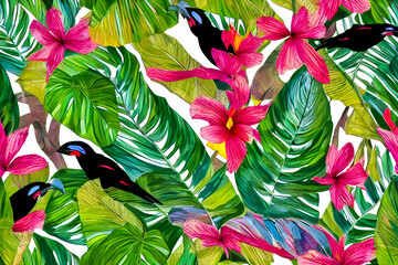 Abstract background of tropical leaves and colorful flowers in a modern style, jungle exotic print texture of natural elements on a black background, created by Generative AI