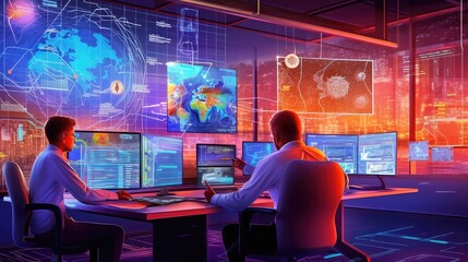 Two men working at the Cybersecurity and infrastructure security agency, cyber security threats, protection and awareness, cybercrime and cyberspace, cyber watch and computer secu