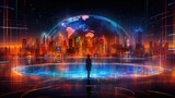 Fototapeta Przestrzenne - man standing in front of e-city concept illustration or 3D Virtual City displaying the city protection and security concept, creative illustration of modern electronic hybrid city and data transfer 