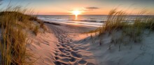 Path On The Sand Going To The Ocean In The Beach  At Sunrise Or Sunset, Beautiful Nature Landscape. Generative AI