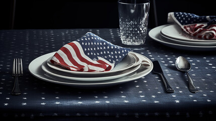 Patriotic American Holiday Themed Dinner Plate Setting and Tablescape- Flag Red, White, and Blue - Veterans Day, Memorial Day, and Fourth of July Concept - Generative AI