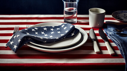 Patriotic American Holiday Themed Dinner Plate Setting and Tablescape- Flag Red, White, and Blue - Veterans Day, Memorial Day, and Fourth of July Concept - Generative AI