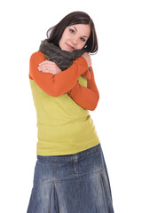 Sticker - attractive brunette woman in winter clothes on white background