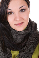 Poster - attractive brunette woman in winter clothes on white background