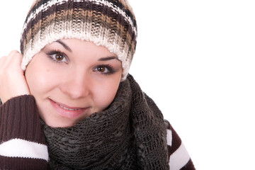 Sticker - attractive brunette woman in winter clothes on white background