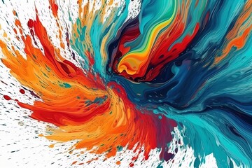 Wall Mural - Colorful bright paint swirls with splashes and empty white space. Liquid vivid flow with twists, curved dynamic lines for creative background. Fluid vortex made of acrylic or alcohol ink.